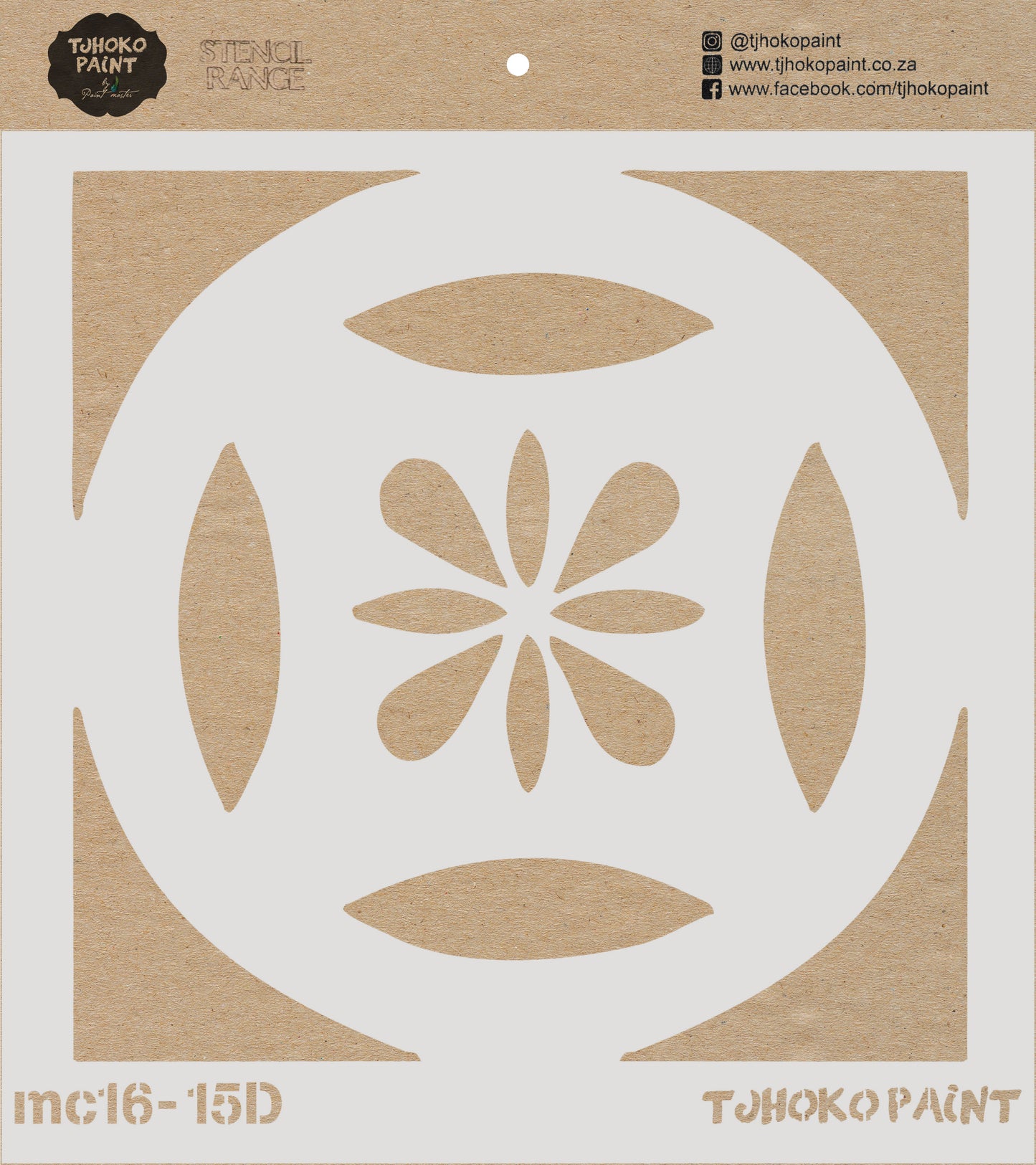 This 15 x 15 cm stencil showcases an elegant daisy in the center surrounded by elliptical orbits, creating a harmonious blend of nature and geometry.