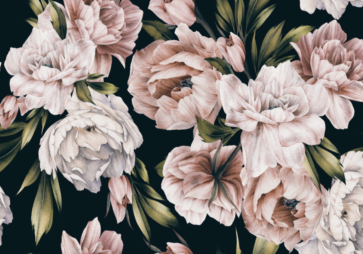 Stunning arrangement of soft blush-toned flowers against a dark background, creating a striking contrast