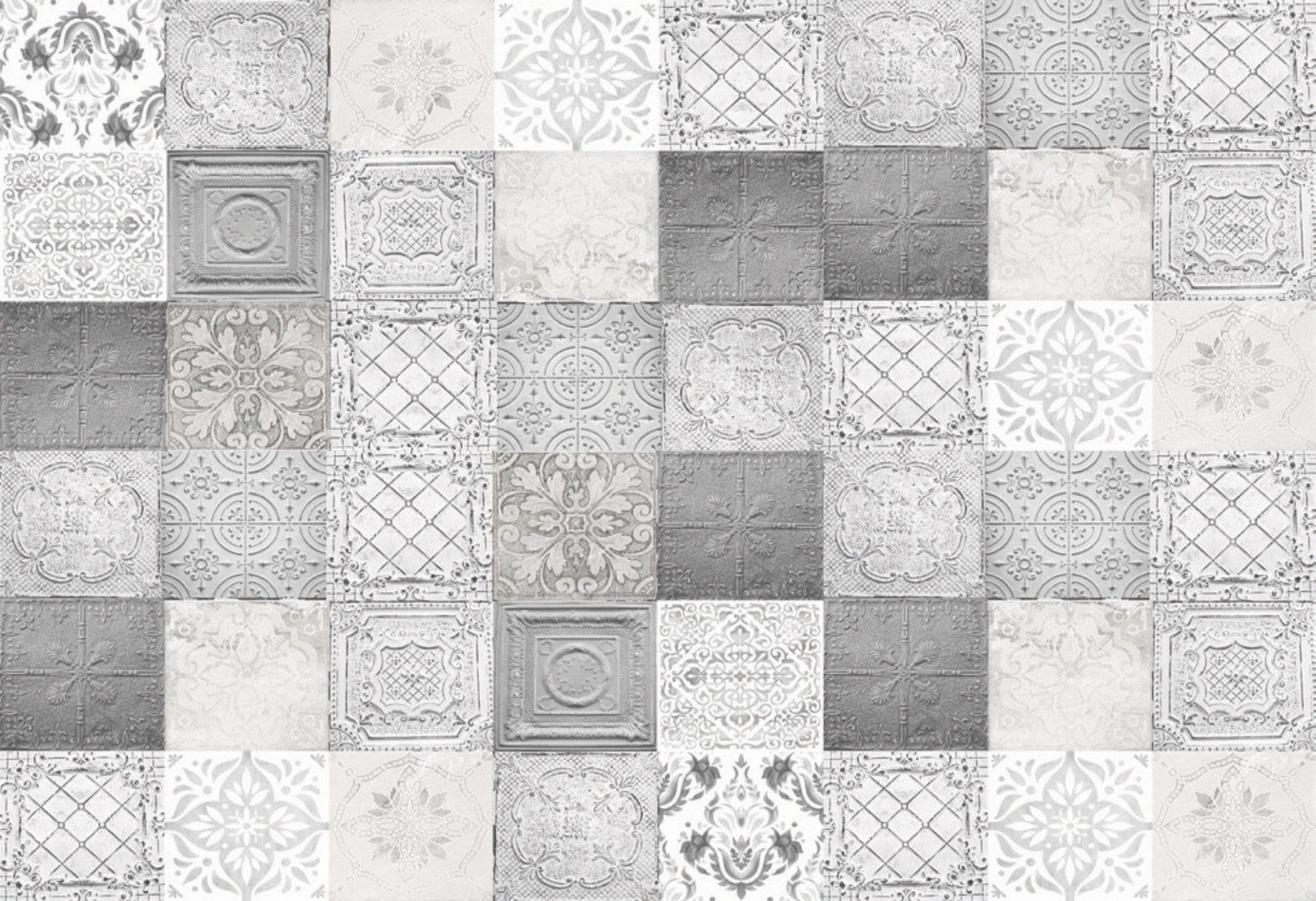 Patchwork of vintage-inspired tiles in soft greys and whites, offering a classic yet modern appeal