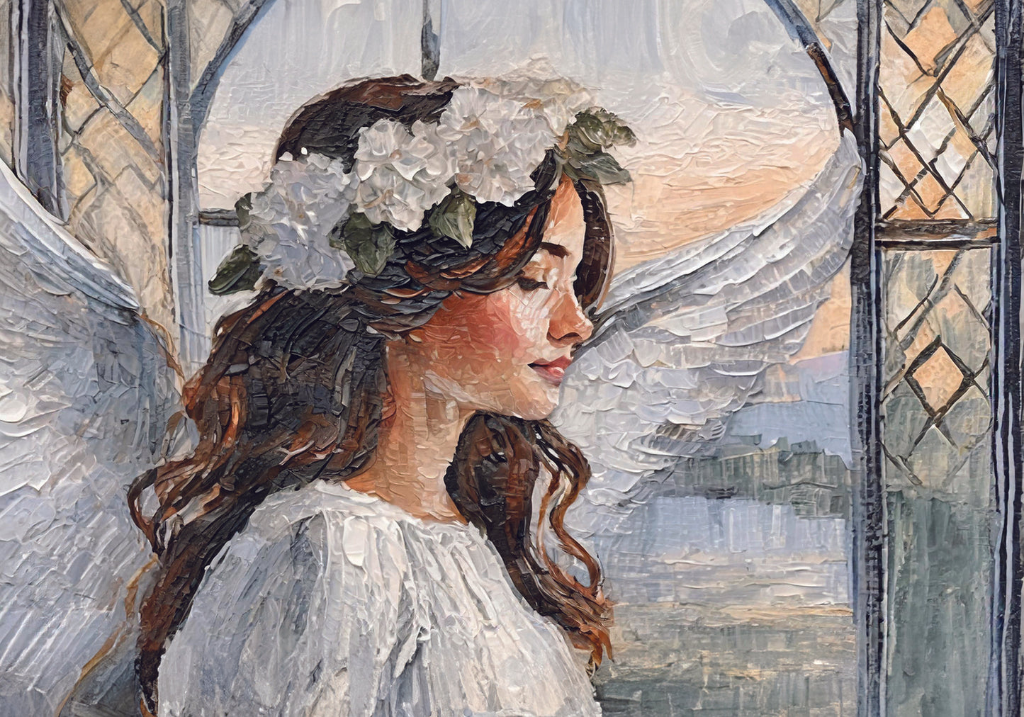 Charming decoupage sheet, with its serene, thoughtful angel and cozy stained glass design