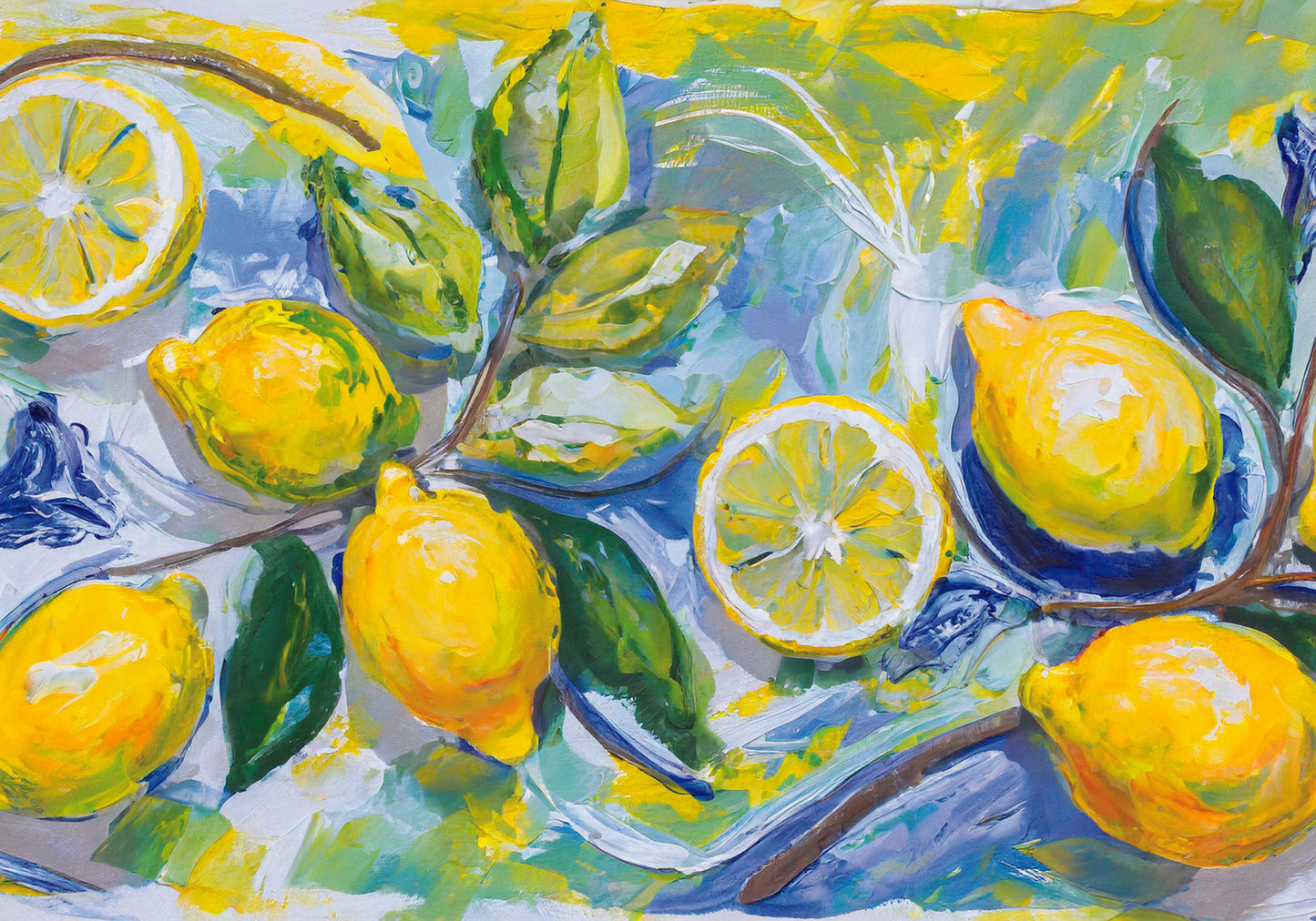 Zesty, bursting with sunny lemons and fresh green leaves against a splashy, blue and yellow background