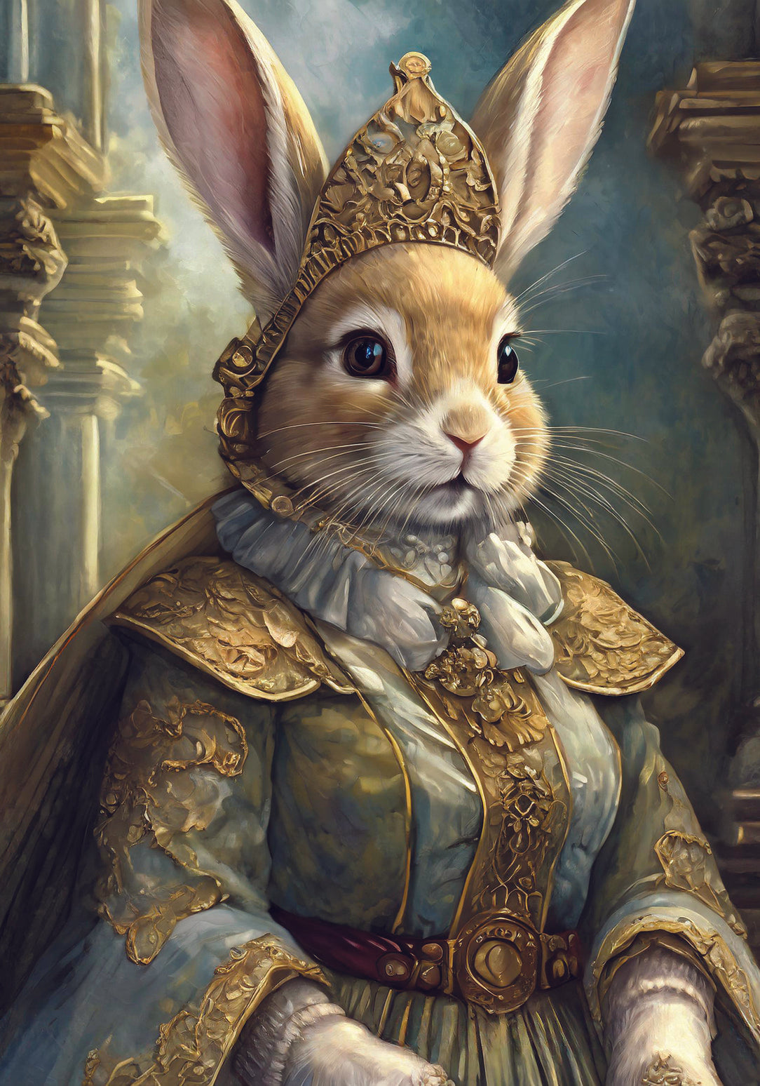 A regal rabbit princess adorned in her finery, complete with intricate golden accents and a gentle, dreamy gaze