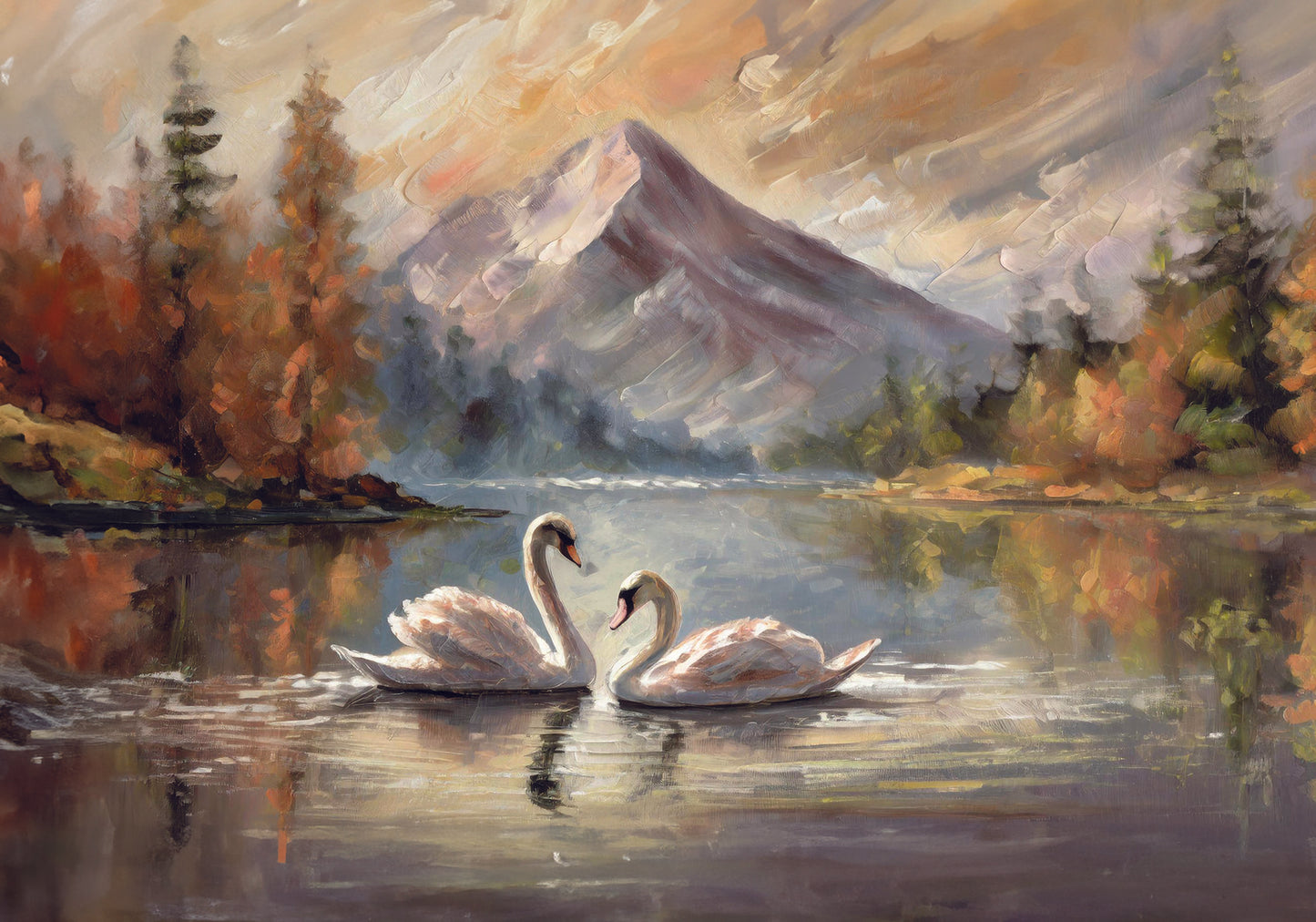 Serene landscape that captures the romance of swans on a tranquil lake, with a majestic mountain and autumnal trees
