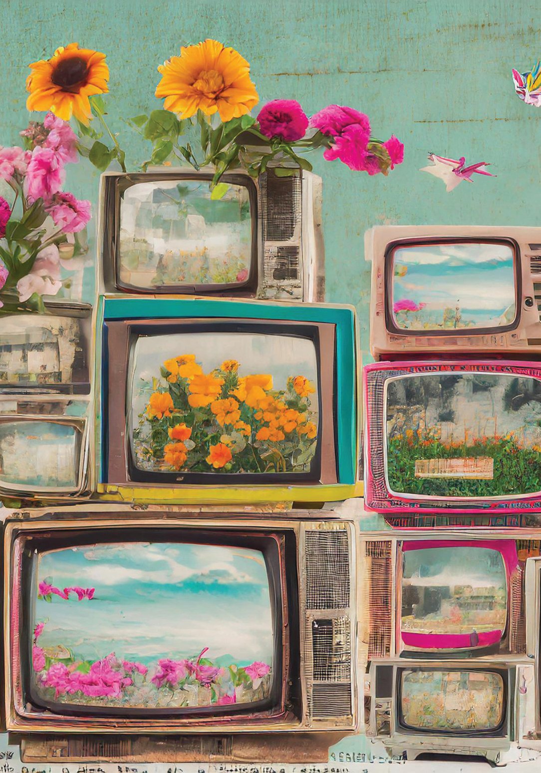 A creative soul's dream, mixing the charm of vintage televisions with the fresh beauty of blooming flowers