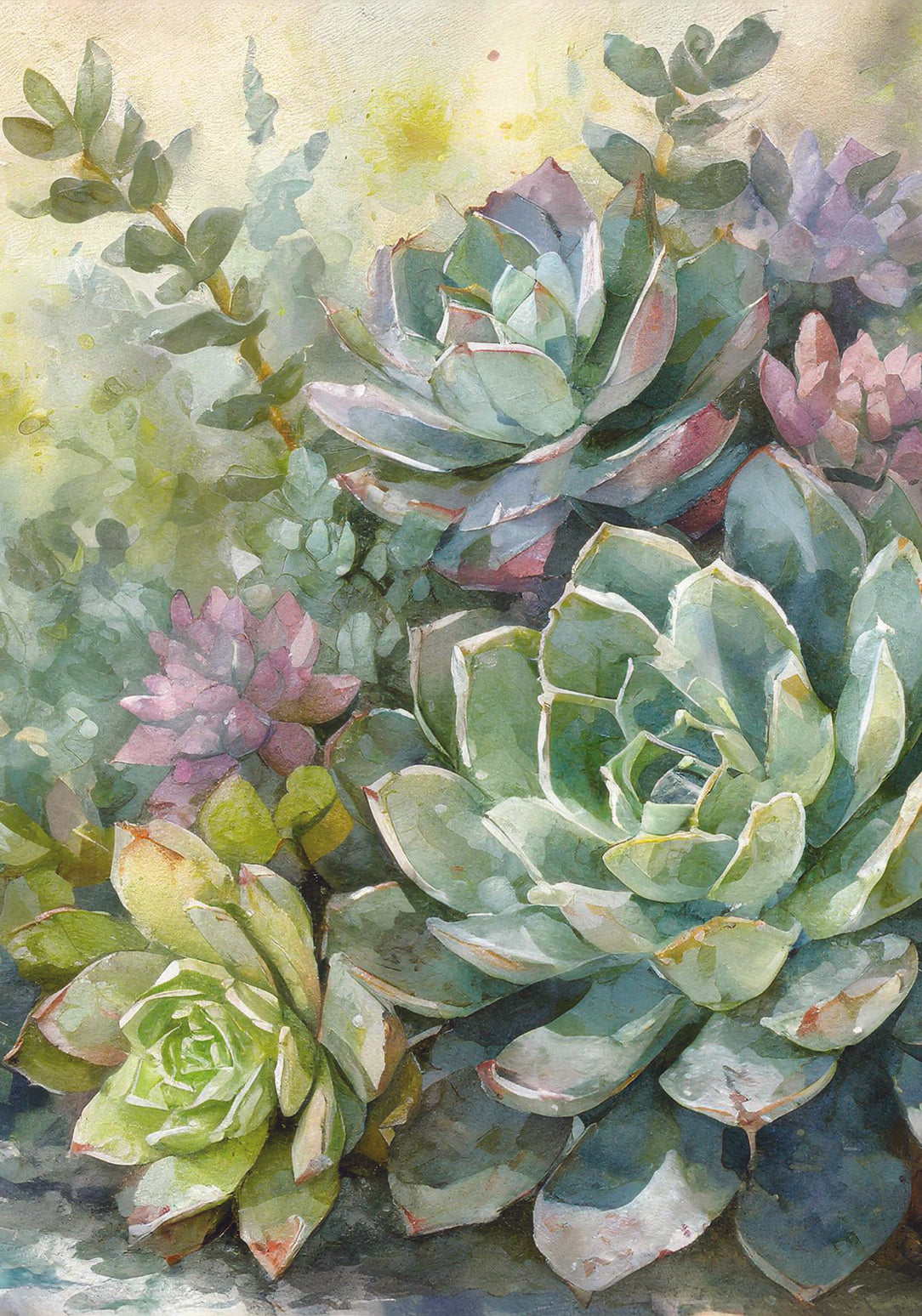 Watercolor garden that captures the subtle beauty of succulents in muted greens and purples
