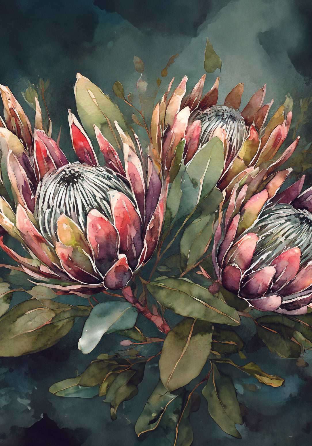 Muted elegance featuring a cluster of proteas in soft, dusky hues against a stormy background