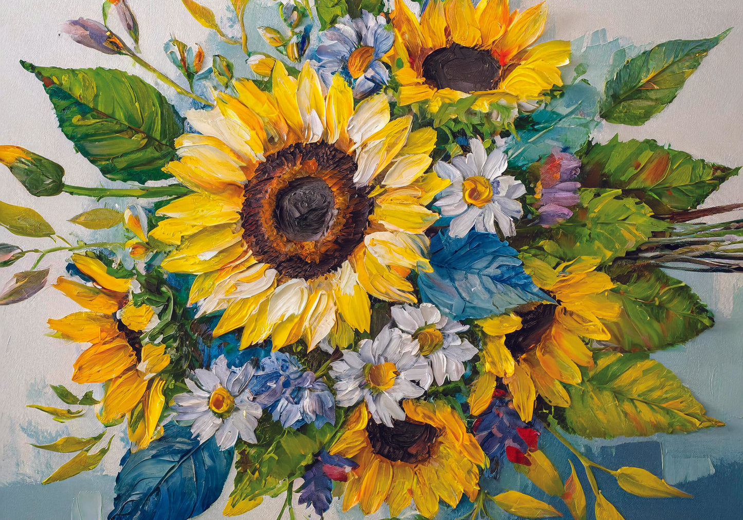 The joy of a summer bouquet, a vibrant dance of sunflowers and daisies