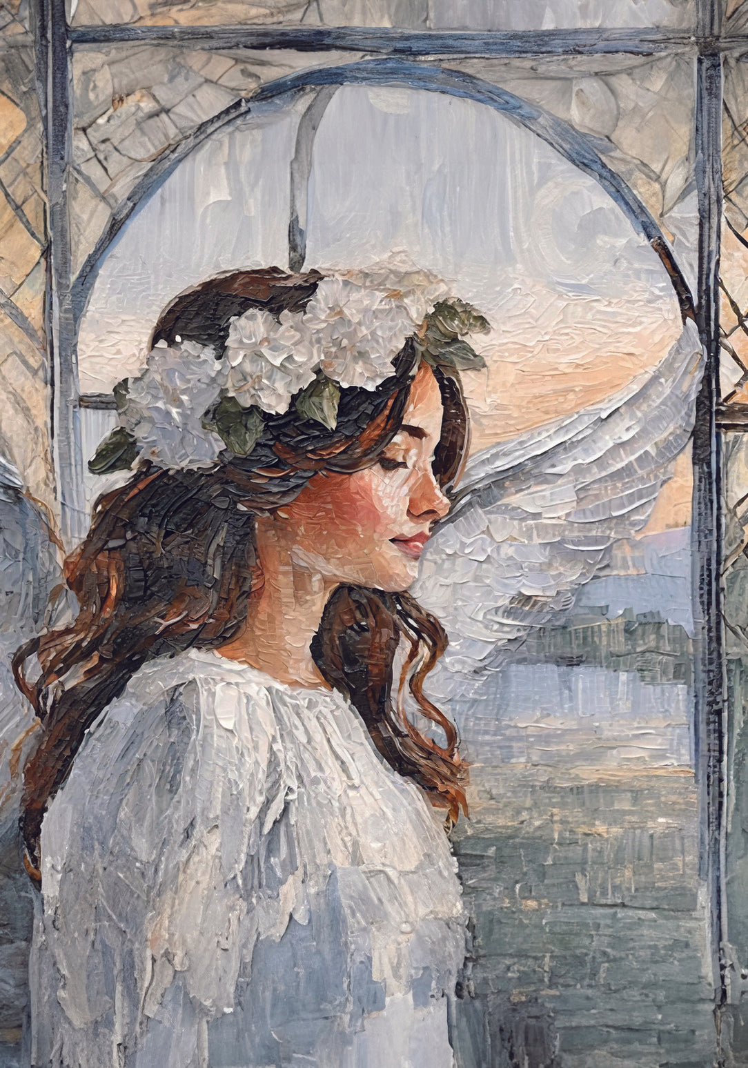 Charming decoupage sheet, with its serene, thoughtful angel and cozy stained glass design