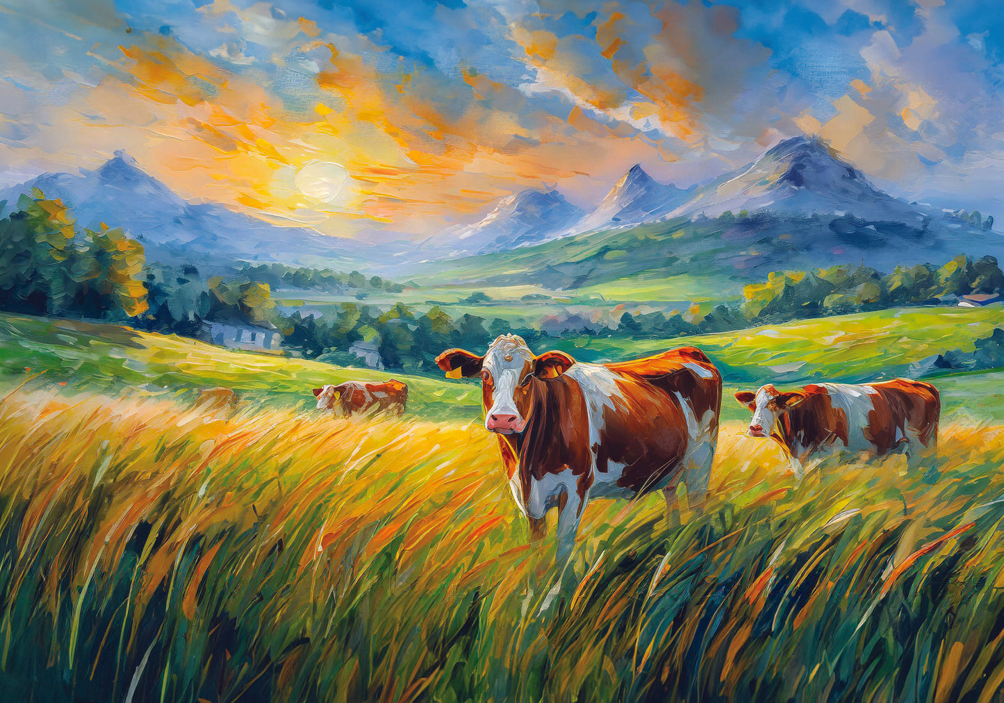 Bright, sunny palette, capturing cows crazing in a sun-drenched field