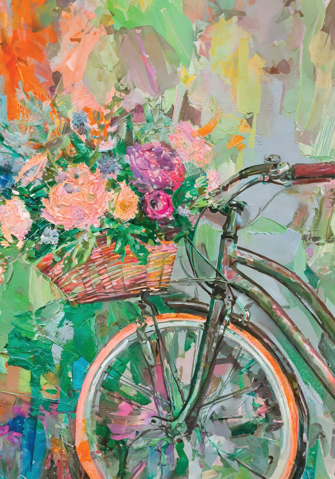 Pedal into a pastel paradise, it's all about spring vibes, with a vintage bike parked among a burst of colorful blooms