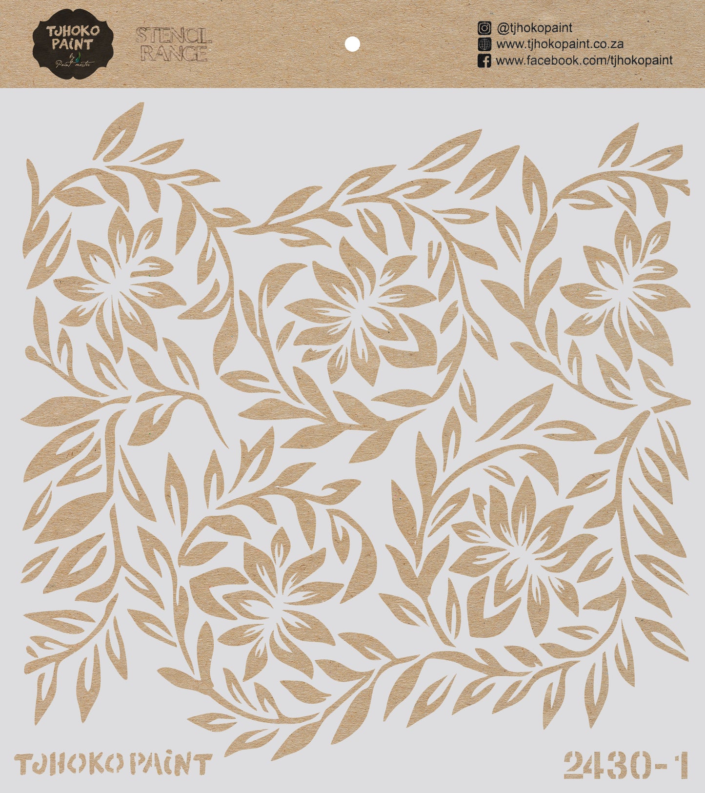 This 30 x 30 cm stencil "Floral Whirl" features a dynamic and intricate design that combines stylized flowers and leaves in a flowing, swirling pattern.