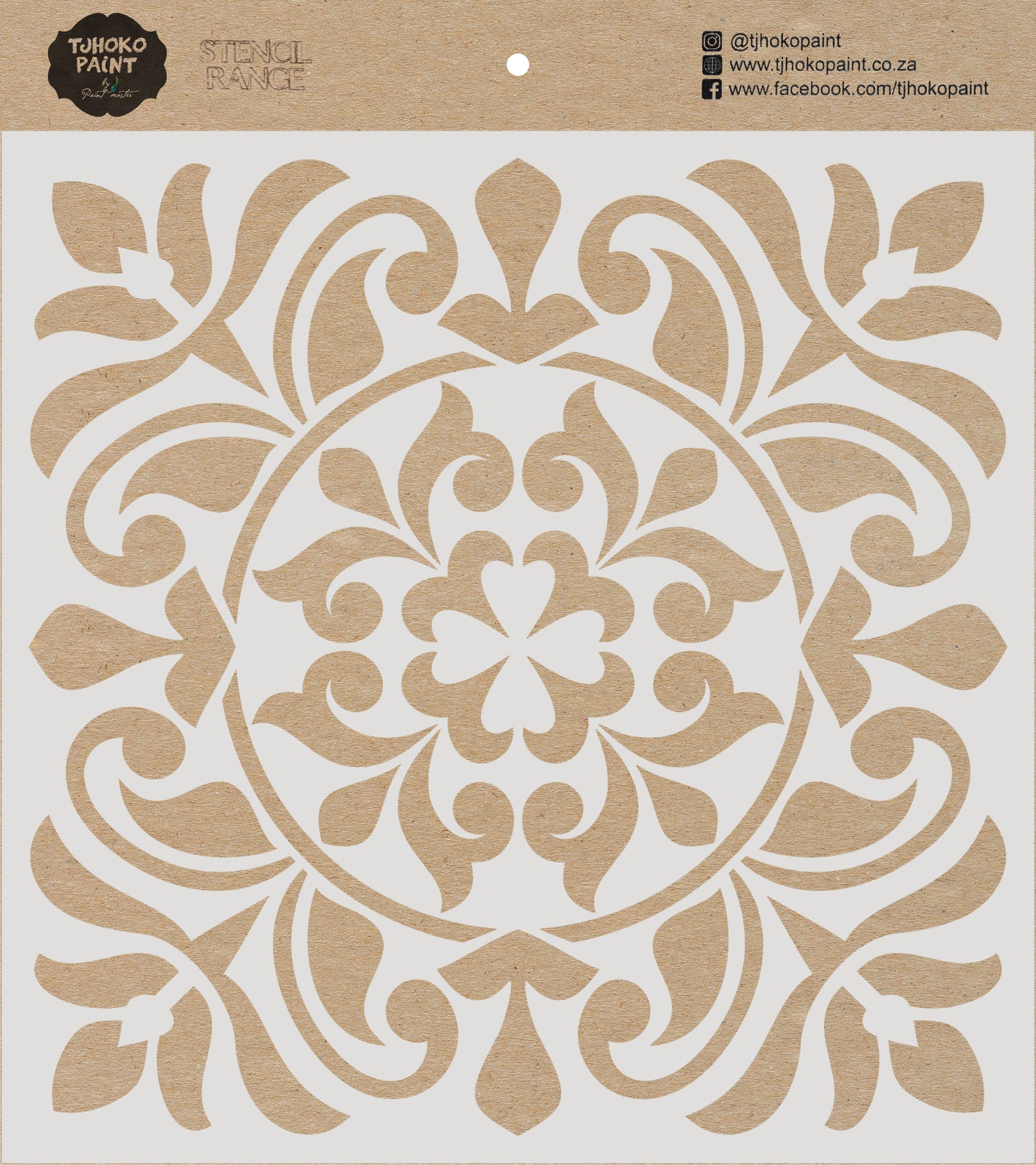 This 15 x 15 cm stencil named "Floral Flourish," boasts an ornate flower at its center, surrounded by elegant swirls and leaf-like patterns that echo the opulent style of baroque artistry.