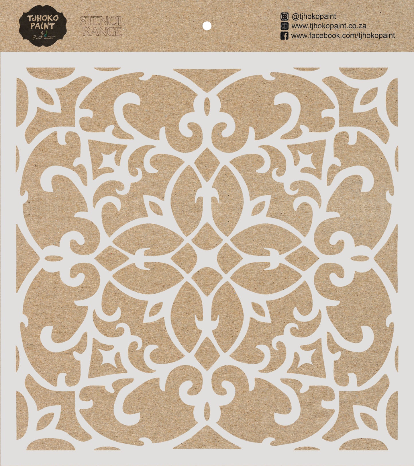 This 15 x 15 cm stencil named "Luxury Lace," features interlacing vines and leaf motifs that form an intricate, lace-like pattern.