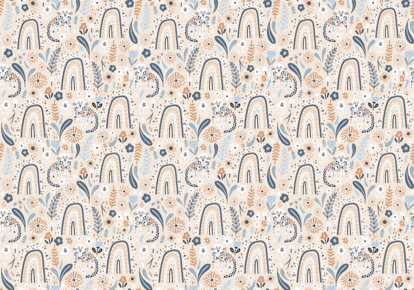 Whimsical boho-inspired design with playful rainbows, florals, and abstract patterns in soft, earthy tones