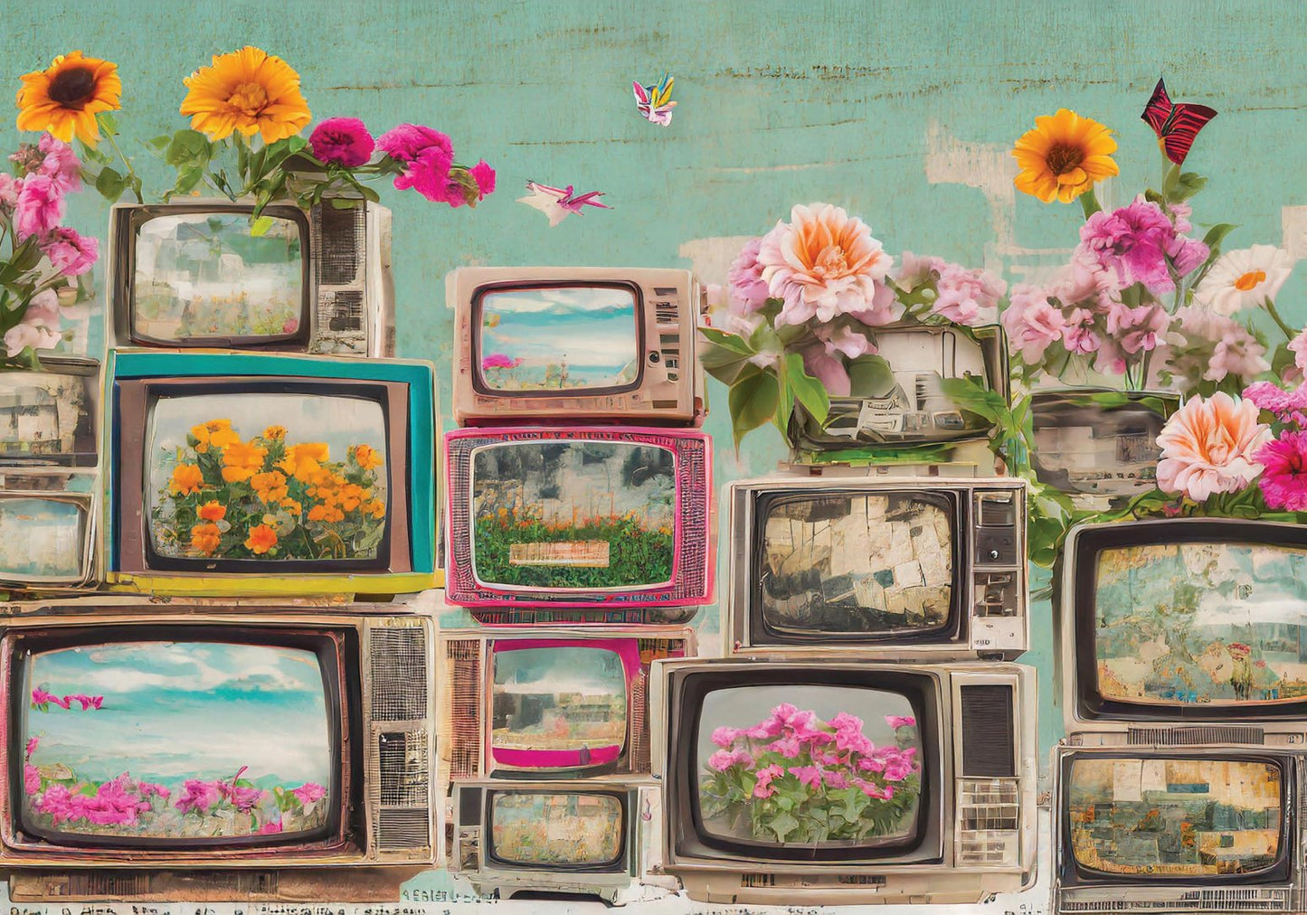 A creative soul's dream, mixing the charm of vintage televisions with the fresh beauty of blooming flowers