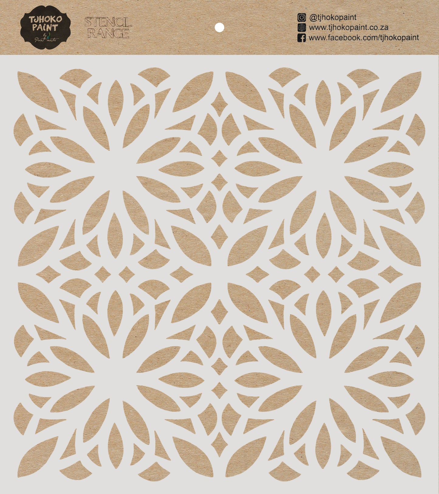 This 15 x 15 cm stencil named "Sunburst Foliage" is a radiant arrangement of leaf patterns emanating from a central point, creating a dynamic and organic impression.