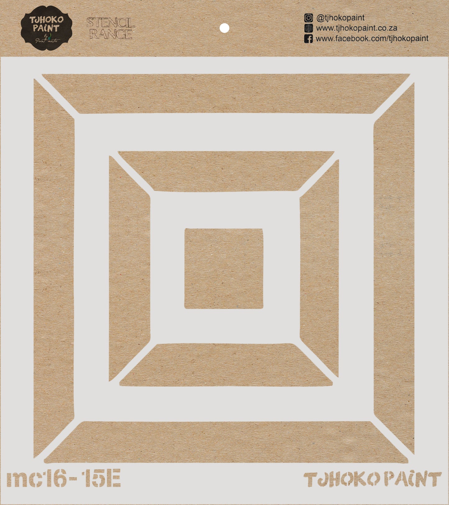 This 15 x 15 cm stencil named "Squared Focus," features a series of concentric squares creating a bold, modern look.