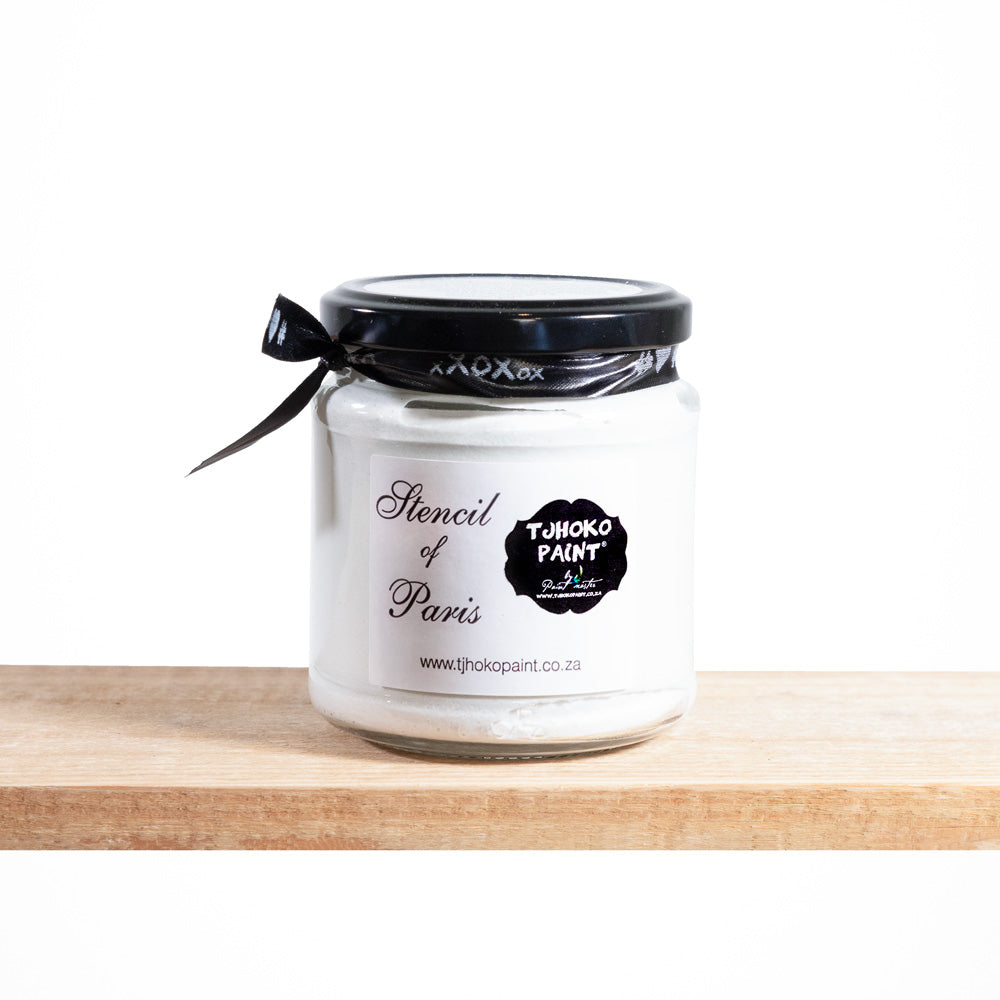 Tjhoko Paint's Stencil of Paris paste is an easy-to-use embossing paste or a texture and dimension additive for furniture makeovers, canvas and artwork or walls.