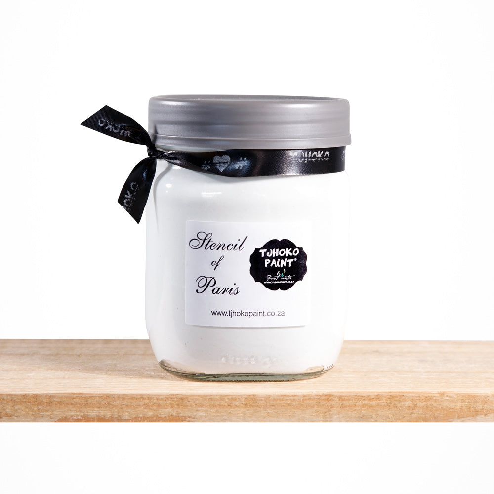 Tjhoko Paint's Stencil of Paris paste is an easy-to-use embossing paste or a texture and dimension additive for furniture makeovers, canvas and artwork or walls.