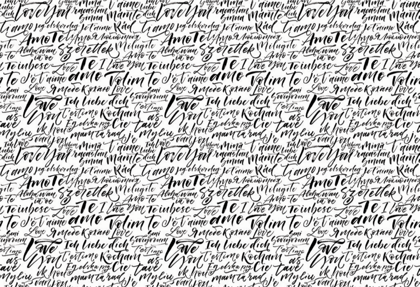 Artistic pattern of the phrase "I love you" written in various languages and elegant calligraphy styles