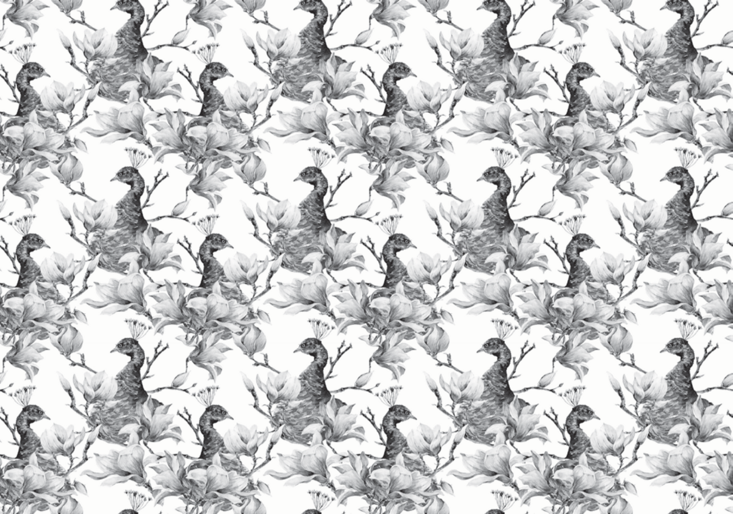 Beautifully detailed, repeating pattern of graceful peacocks surrounded by lush floral and botanical elements in a stunning monochrome palette