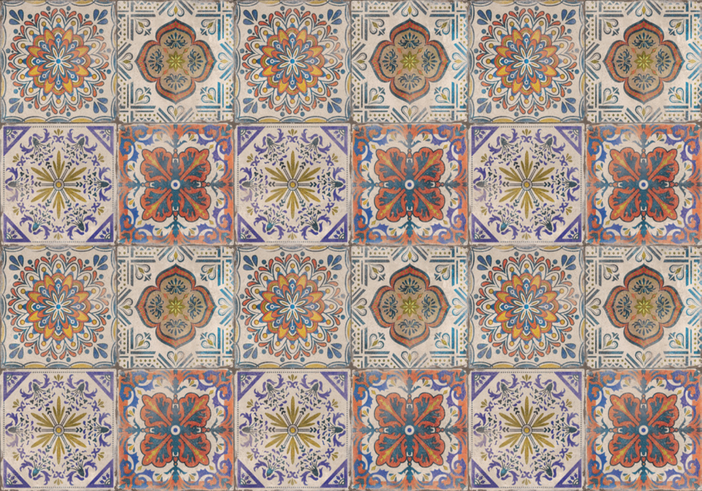 Stunning mosaic of Portuguese-inspired tiles in rich earthy tones and vibrant patterns