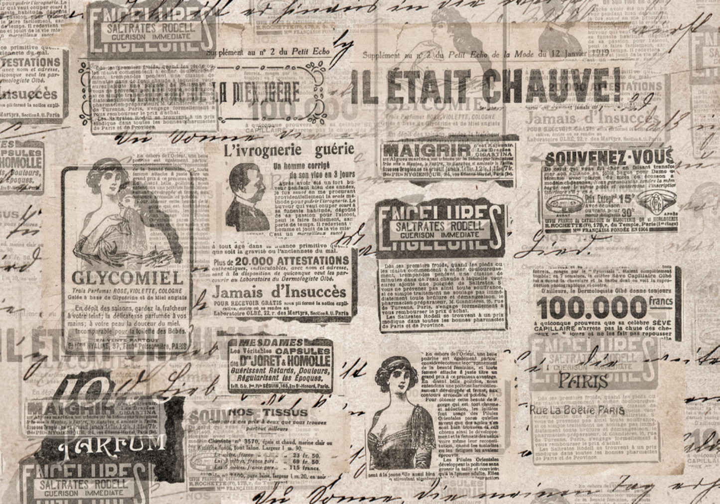 An array of vintage French advertisements, printed in an antique newspaper style with elegant typography and illustrations