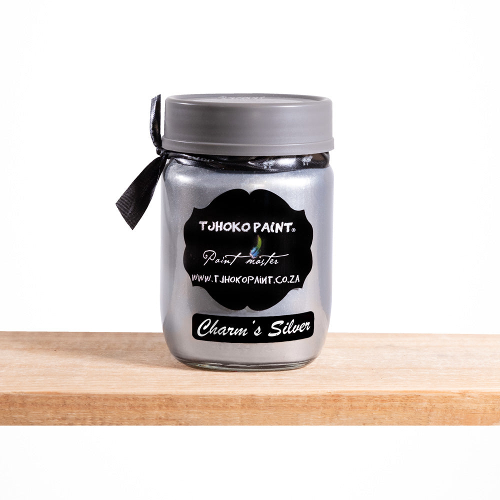 "Charm's Silver" by Tjhoko Paint is a dazzling, water-based metallic paint with a sleek, silver hue.