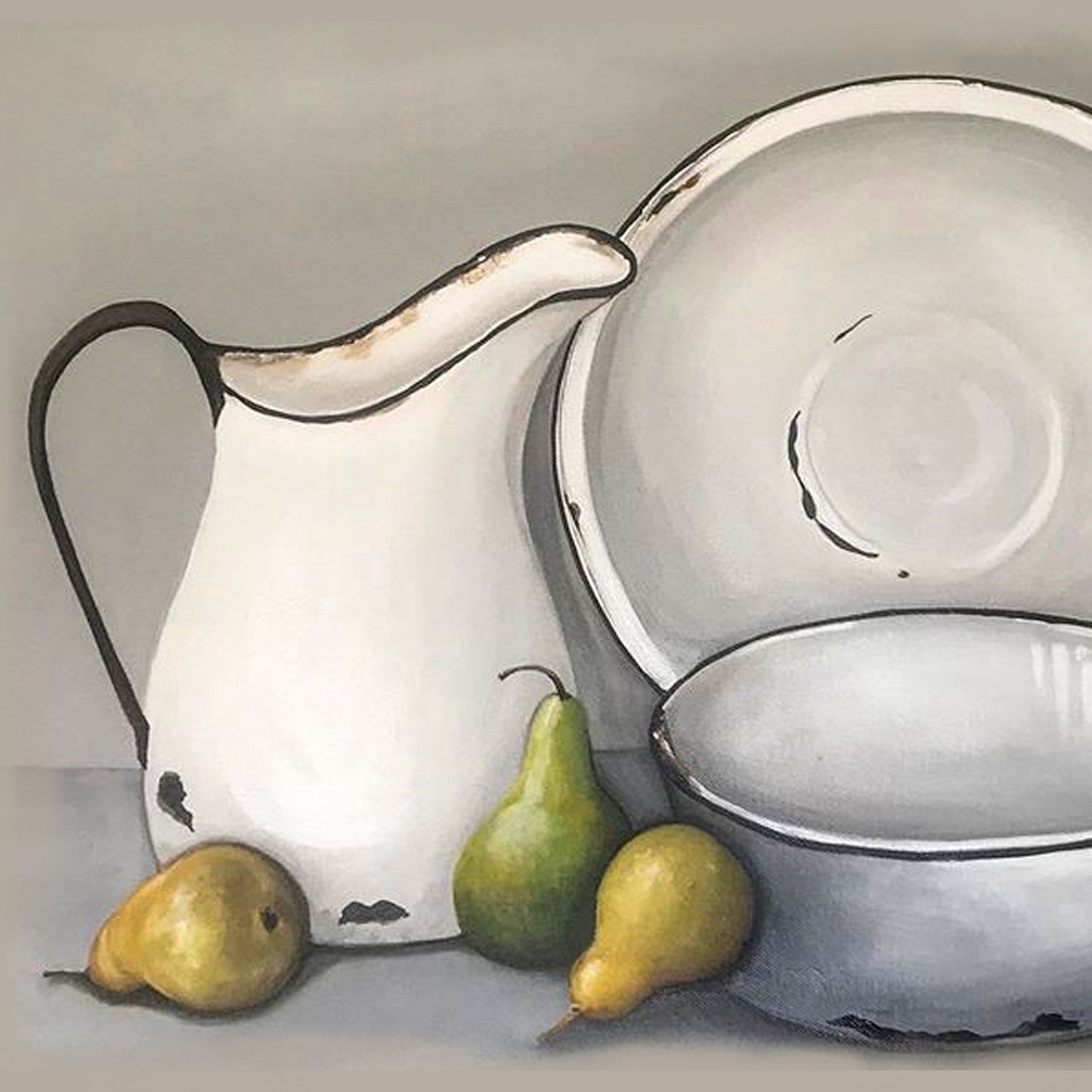 White ceramic pitcher and bowls with pears on a gray background