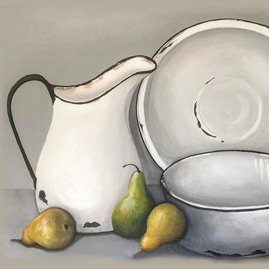 White ceramic pitcher and bowls with pears on a gray background