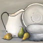White ceramic pitcher and bowls with pears on a gray background