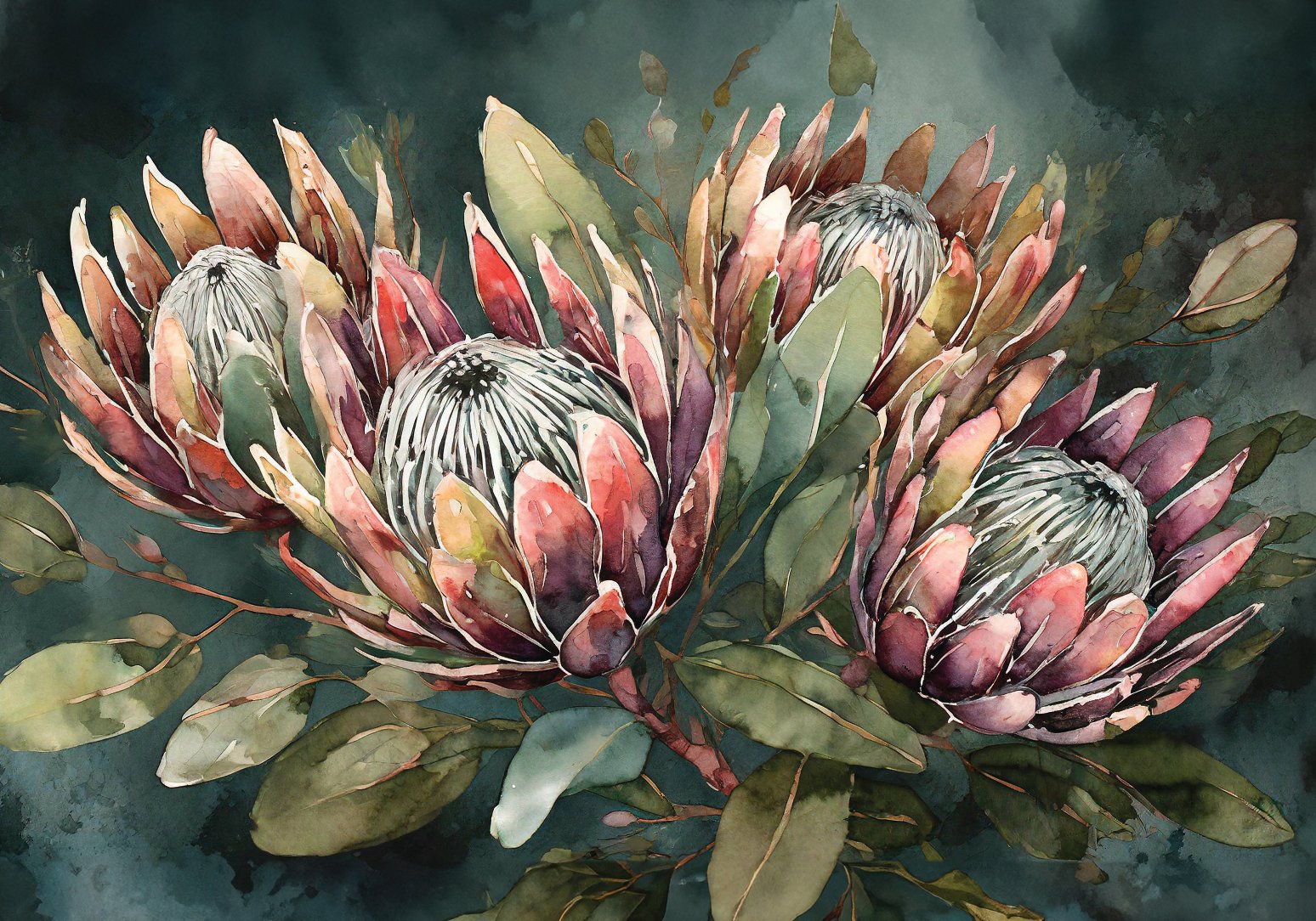 Muted elegance featuring a cluster of proteas in soft, dusky hues against a stormy background