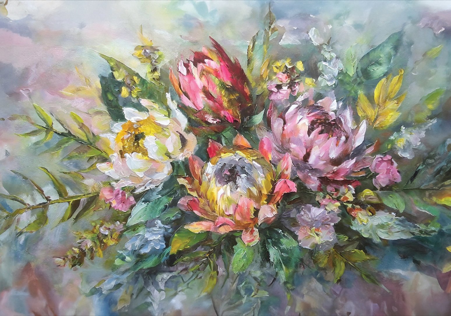 Blossoming with a vibrant bouquet of proteas and foliage, all rendered in sumptuous, impressionistic strokes