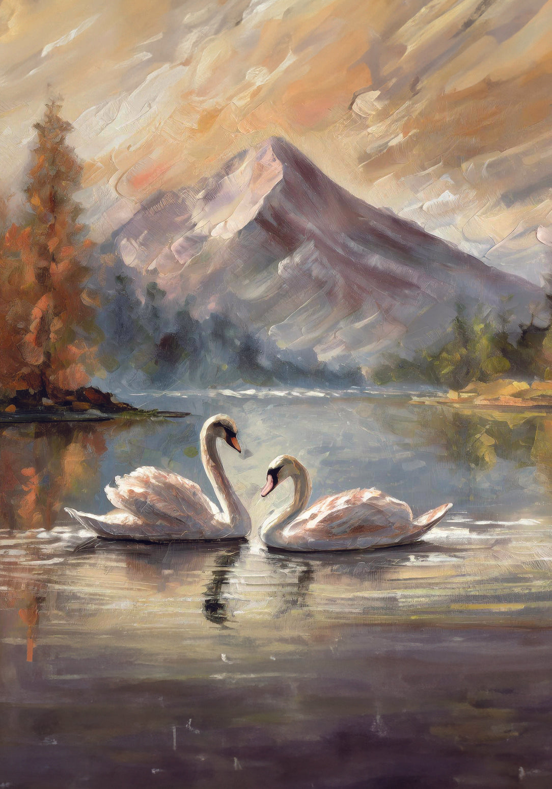Serene landscape that captures the romance of swans on a tranquil lake, with a majestic mountain and autumnal trees