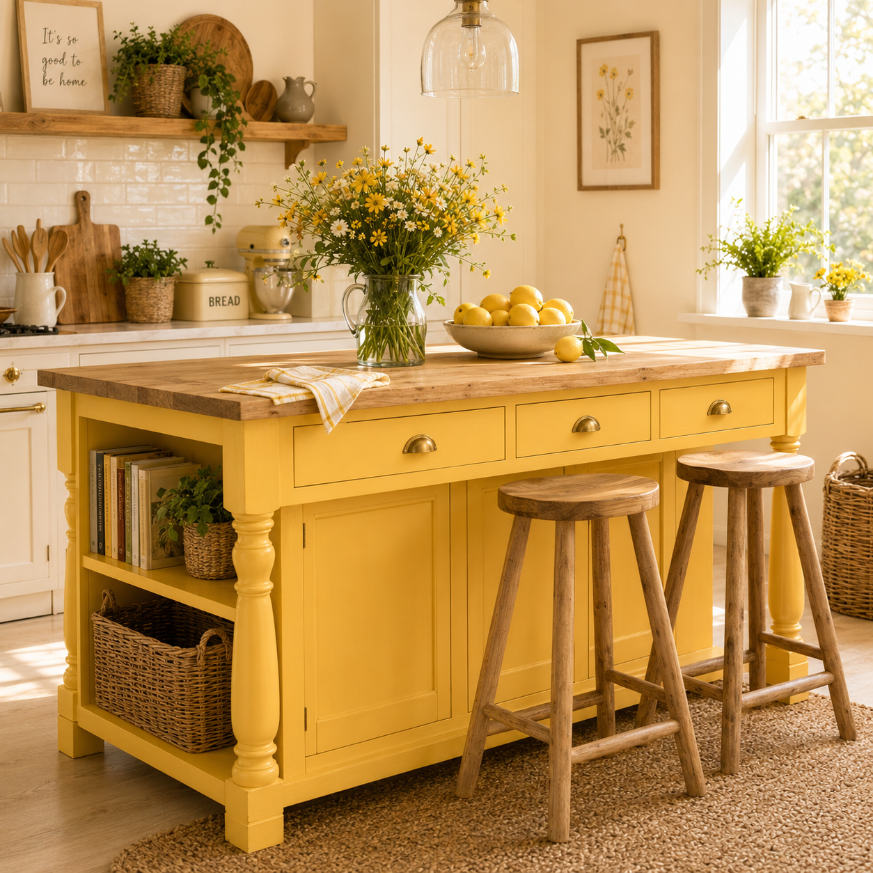 Bright kitchen island painted with Tjhoko Paint's Early ... a sunny yellow colour