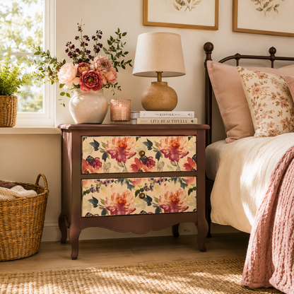 Floral-patterned nightstand in a bedroom with a bed and lamp upcycled with Eye of Elsie.