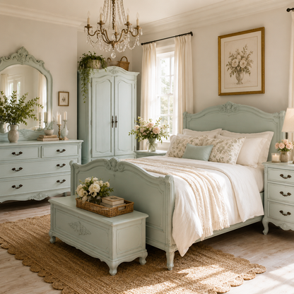 Vintage-style bedroom painted with Fine Lining's beautiful light blue hue
