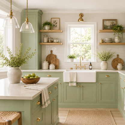 Repainted kitchen using Intak, a soft, green shade