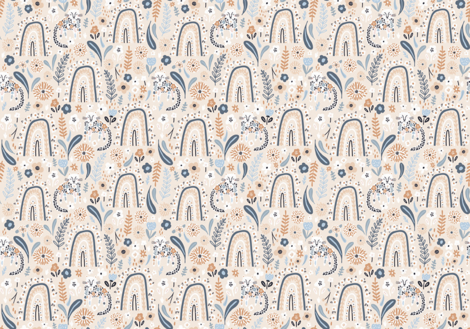 Whimsical boho-inspired design with playful rainbows, florals, and abstract patterns in soft, earthy tones