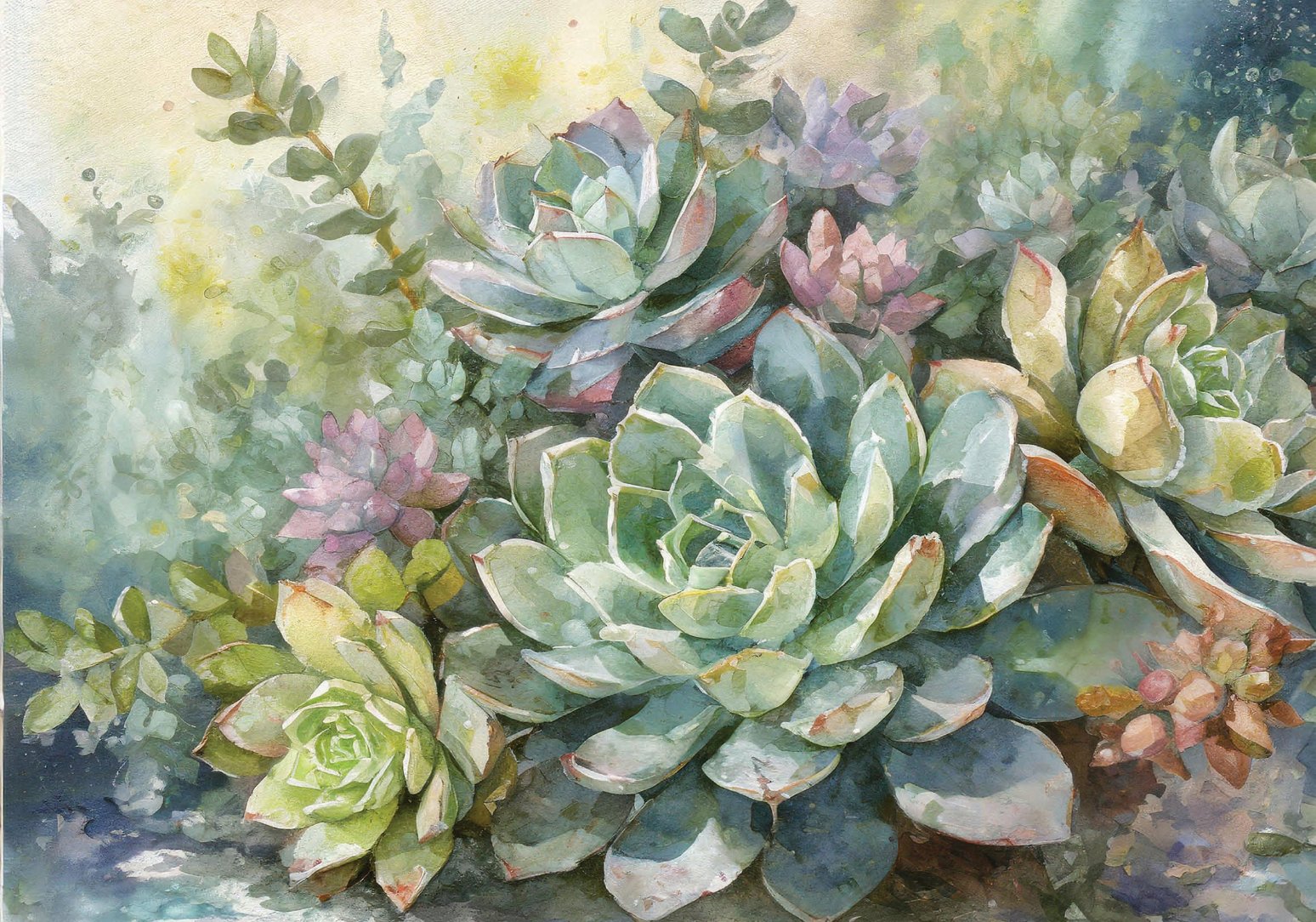 Watercolor garden that captures the subtle beauty of succulents in muted greens and purples