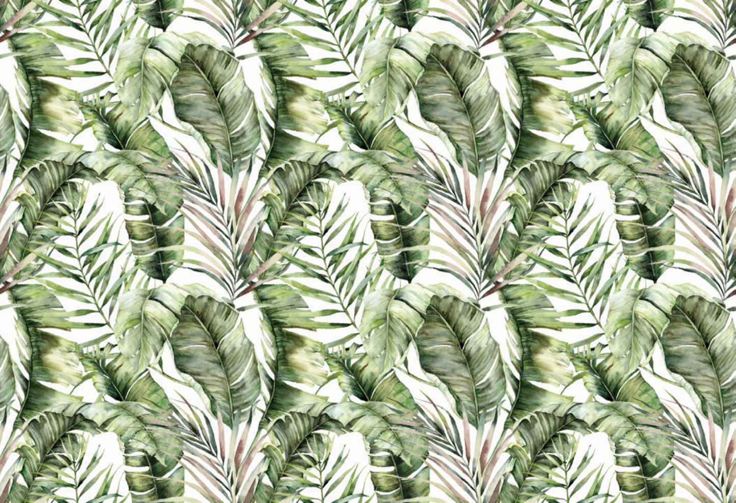Lush arrangement of tropical leaves in varying shades of green, creating a vibrant and fresh botanical design