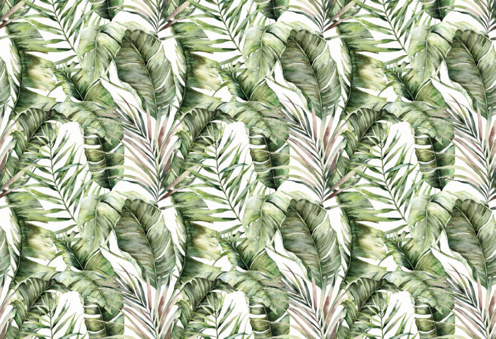 Lush arrangement of tropical leaves in varying shades of green, creating a vibrant and fresh botanical design