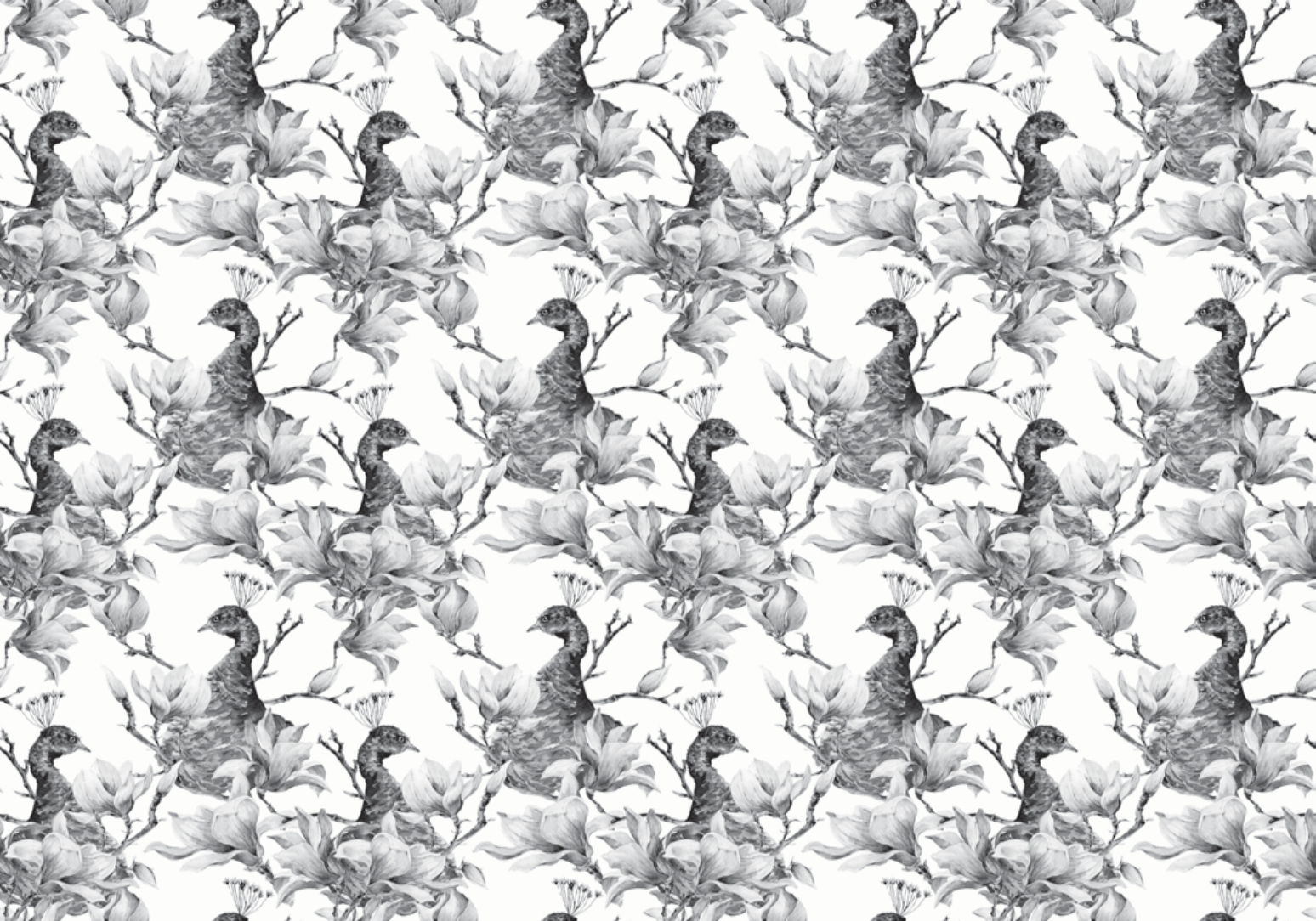 Beautifully detailed, repeating pattern of graceful peacocks surrounded by lush floral and botanical elements in a stunning monochrome palette