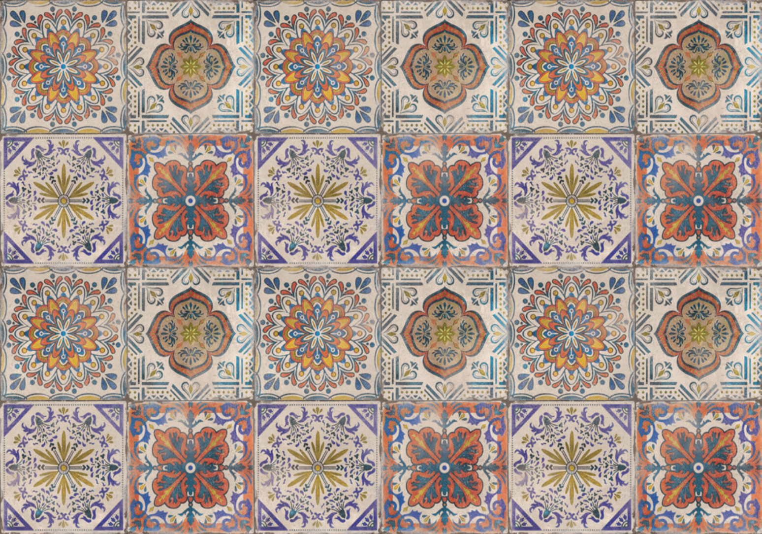 Stunning mosaic of Portuguese-inspired tiles in rich earthy tones and vibrant patterns